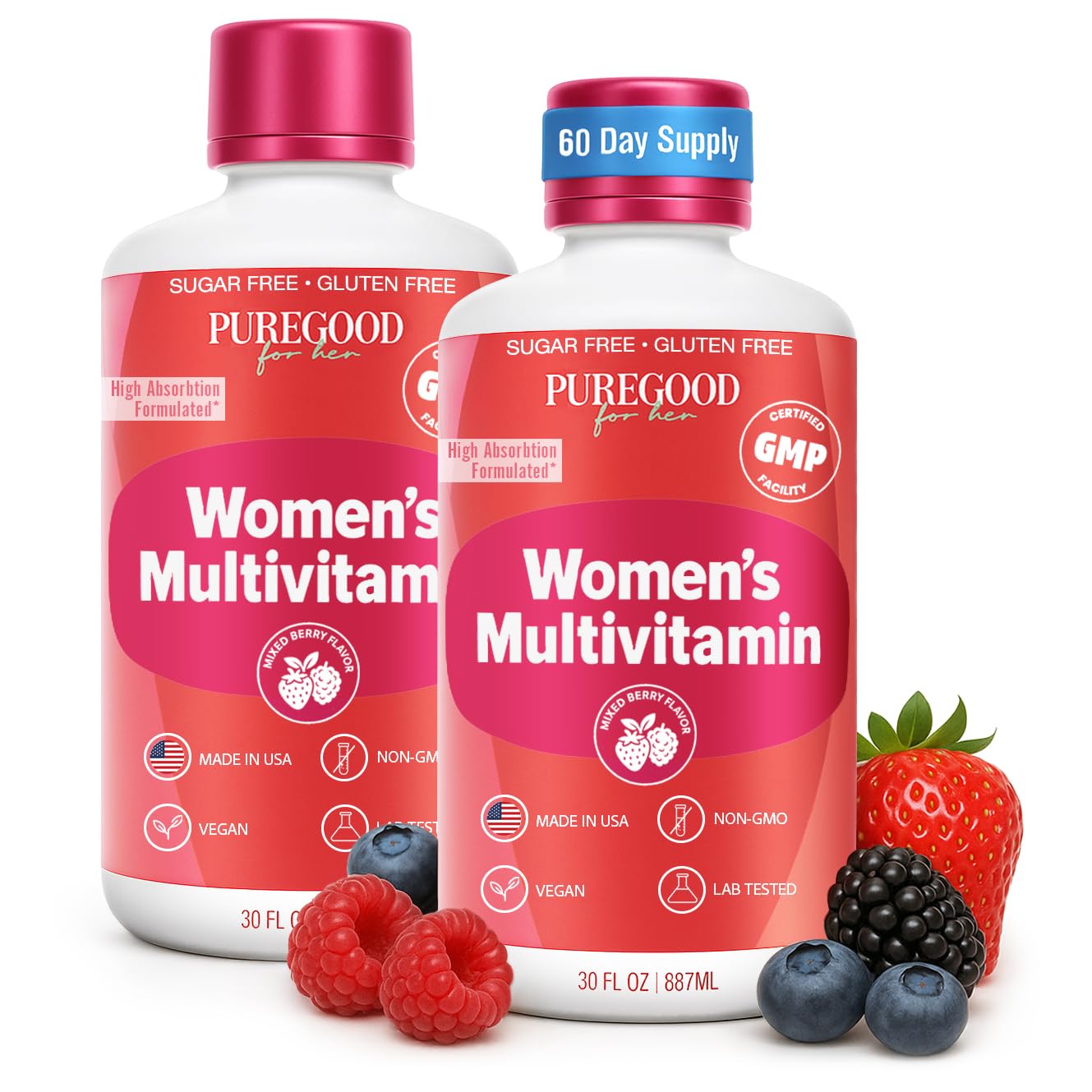 PureGood Women’s liquid multivitamin bottle highlighting 70+ nutrients for daily energy.