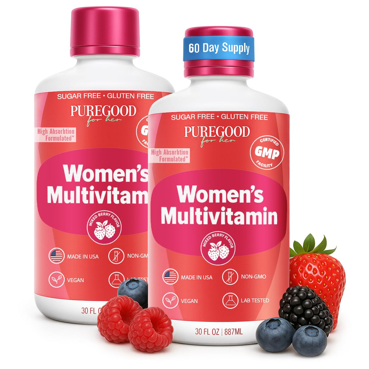 PureGood Women’s liquid multivitamin bottle highlighting 70+ nutrients for daily energy.