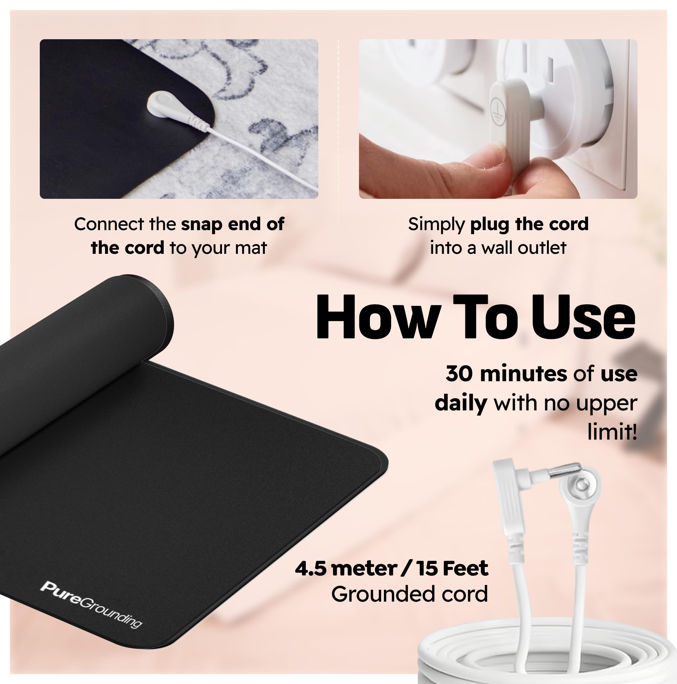 PureGrounding mat with cord connection, simple setup to access earth energy.