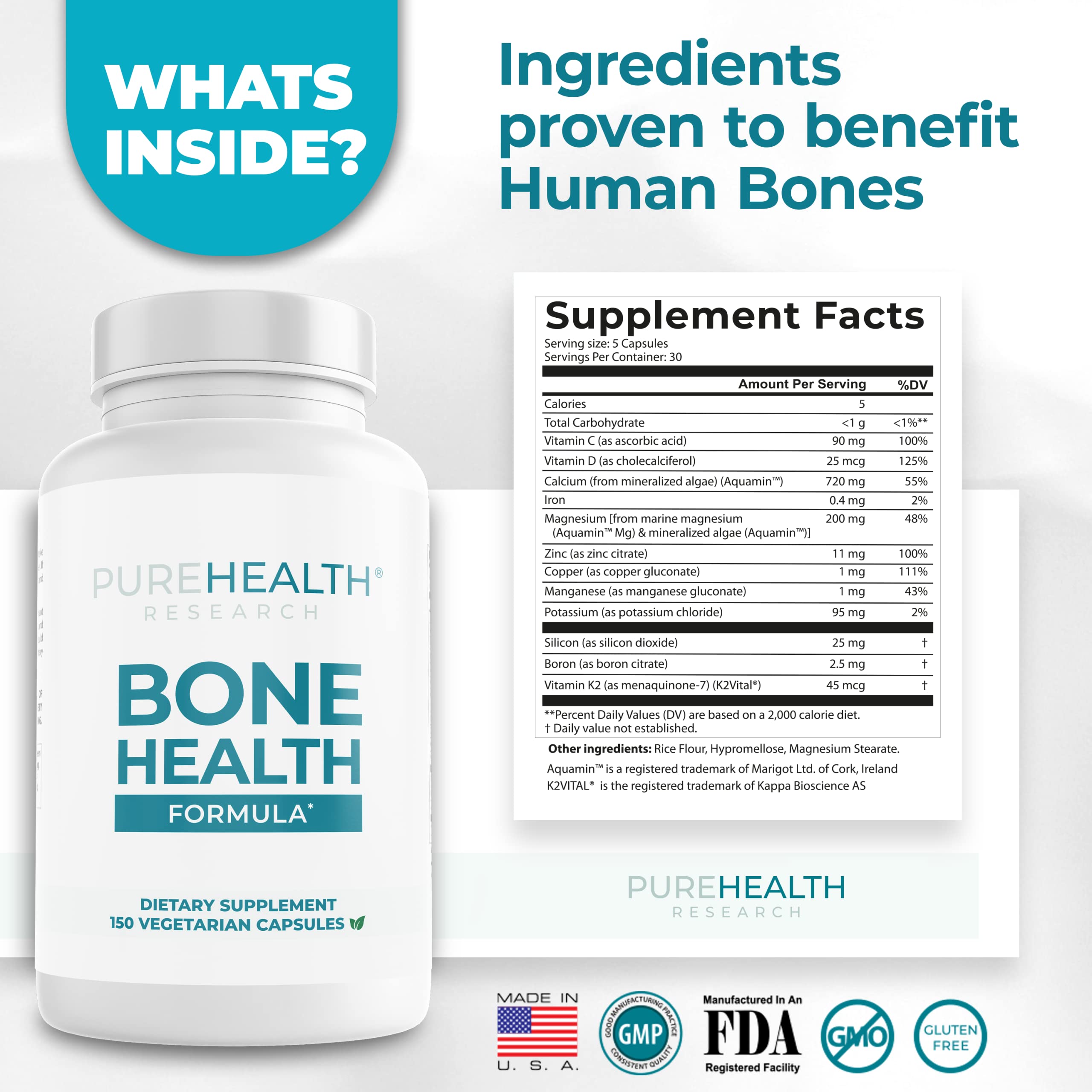 Nutrition label of PureHealth Research Bone Health Formula shows D, K2 and minerals.