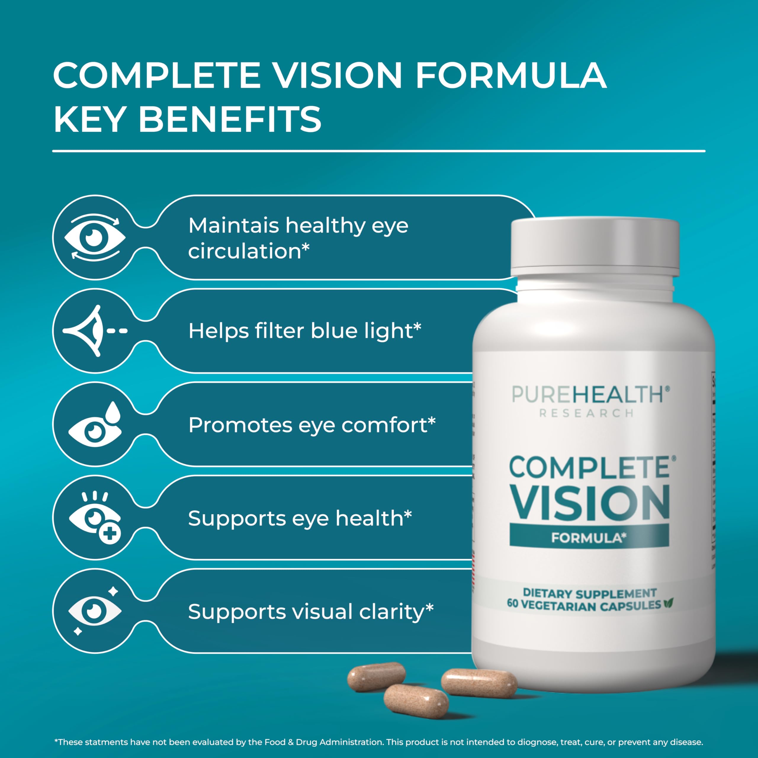 PureHealth Research Complete Vision Formula bottle back highlights ingredients for eye support