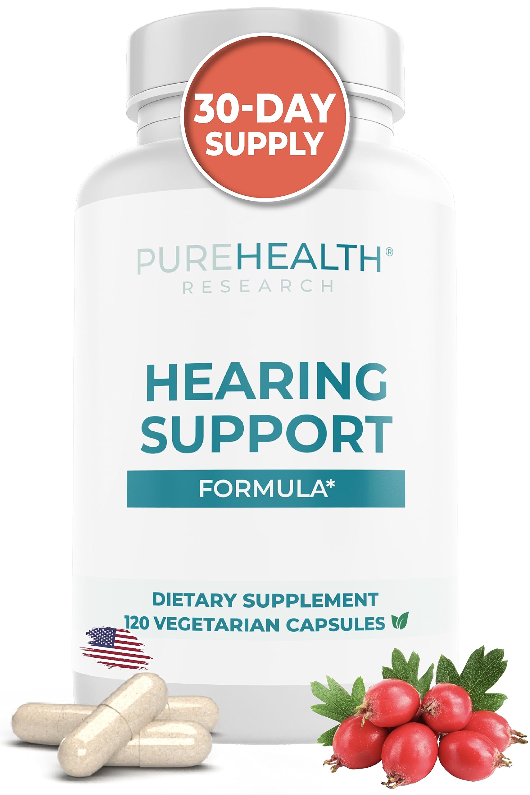 PUREHEALTH RESEARCH Hearing Support Formula bottle front for daily tinnitus support