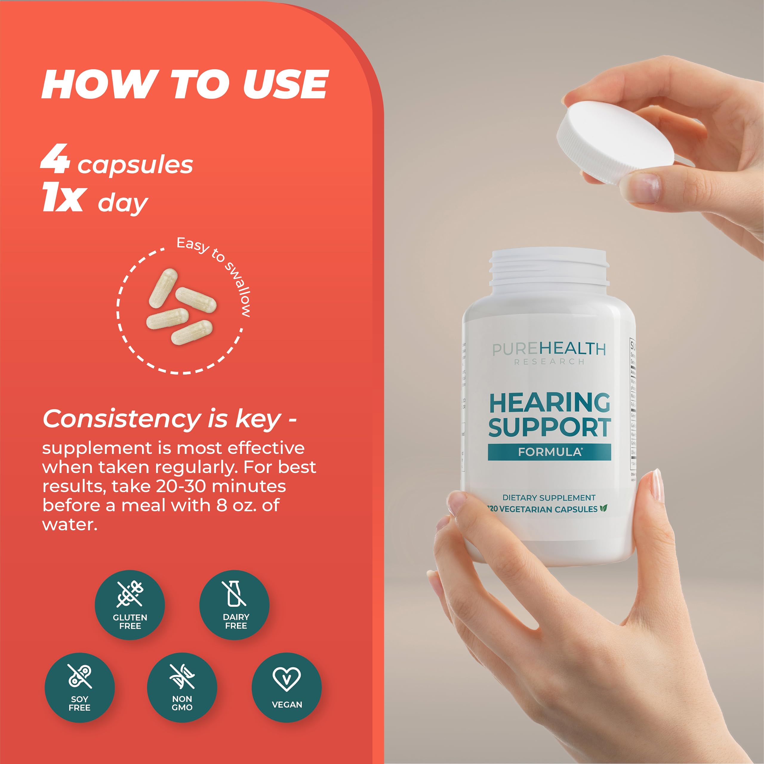 PUREHEALTH RESEARCH Hearing Support Formula glass bottle on a clean surface for easy daily routine
