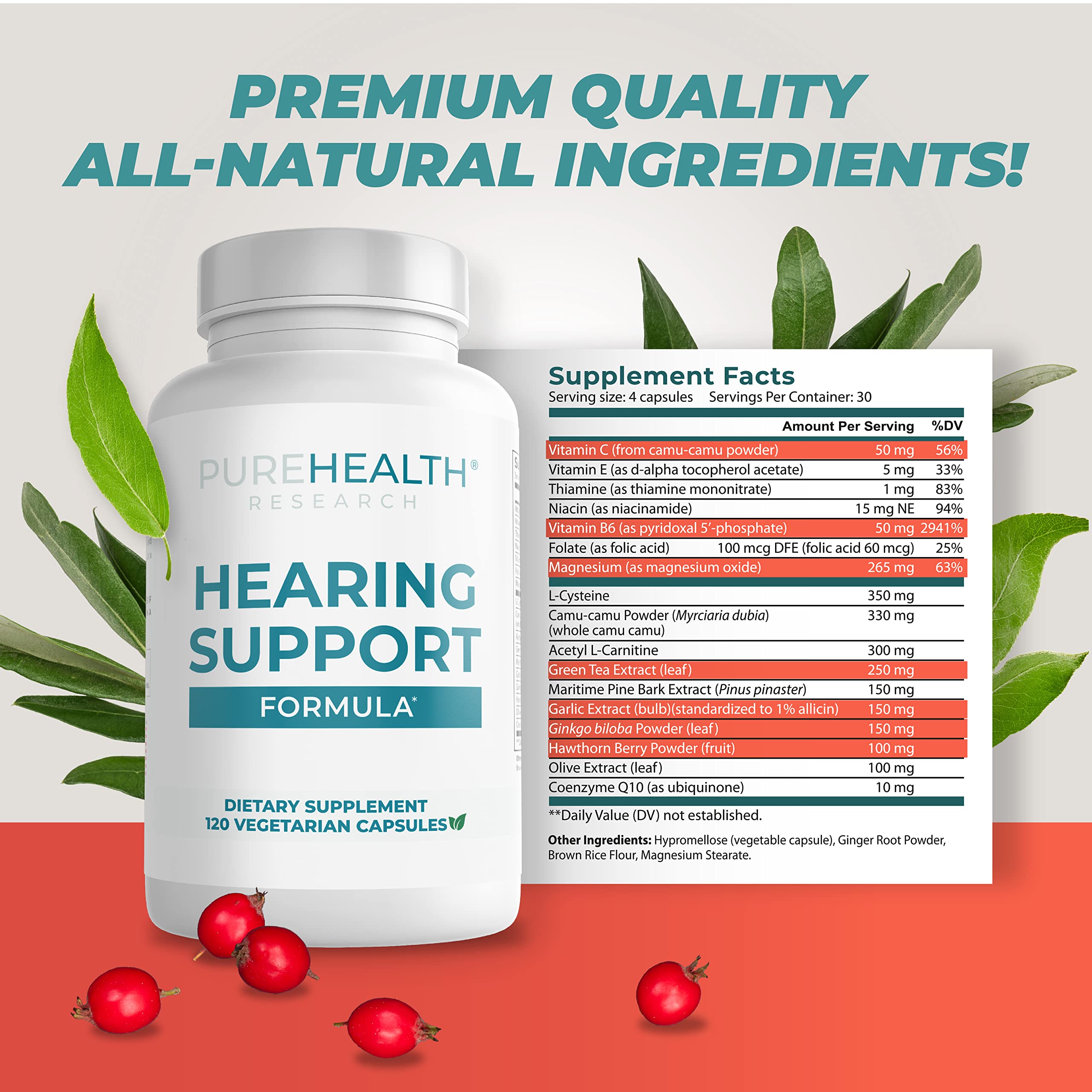 PUREHEALTH RESEARCH Hearing Support Formula label design highlighting ingredients for ear health