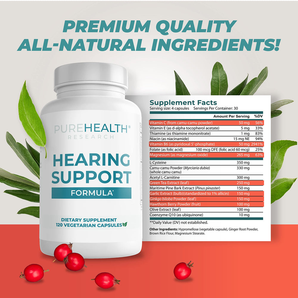 PUREHEALTH RESEARCH Hearing Support Formula label design highlighting ingredients for ear health