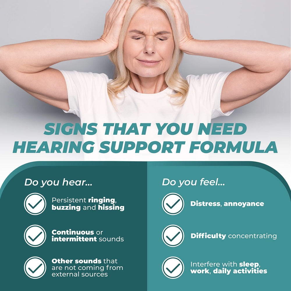 PUREHEALTH RESEARCH Hearing Support Formula on wooden background suggests a natural blend
