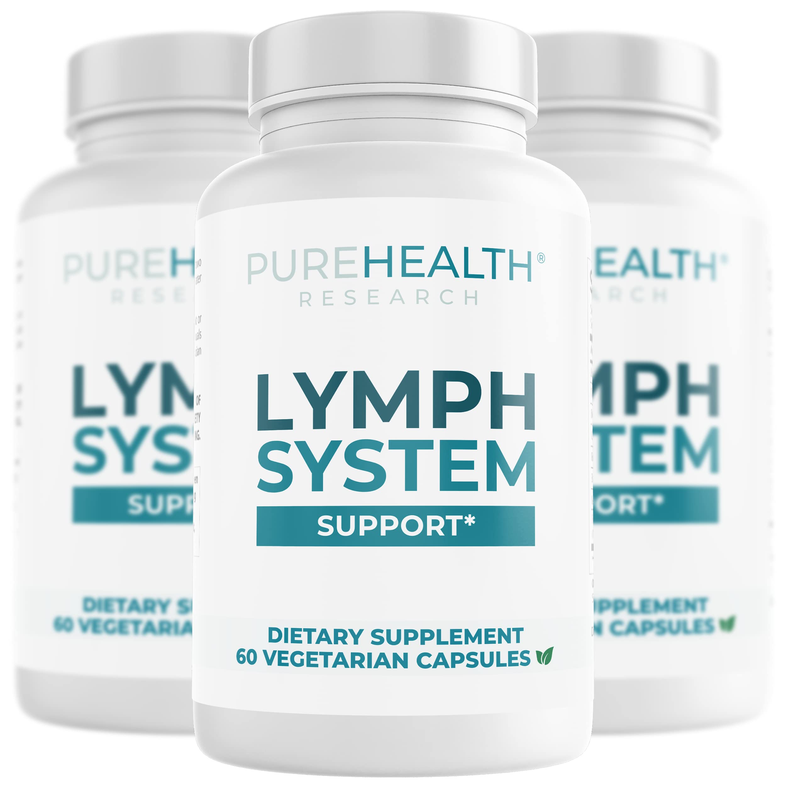 PUREHEALTH RESEARCH Lymph System Support bottle front view shows branding and readiness to support lymph drainage.