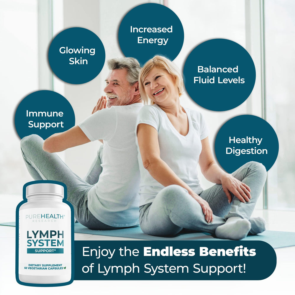 PUREHEALTH RESEARCH Lymph System Support burdock powder ingredient visible, suggesting natural cleansing.
