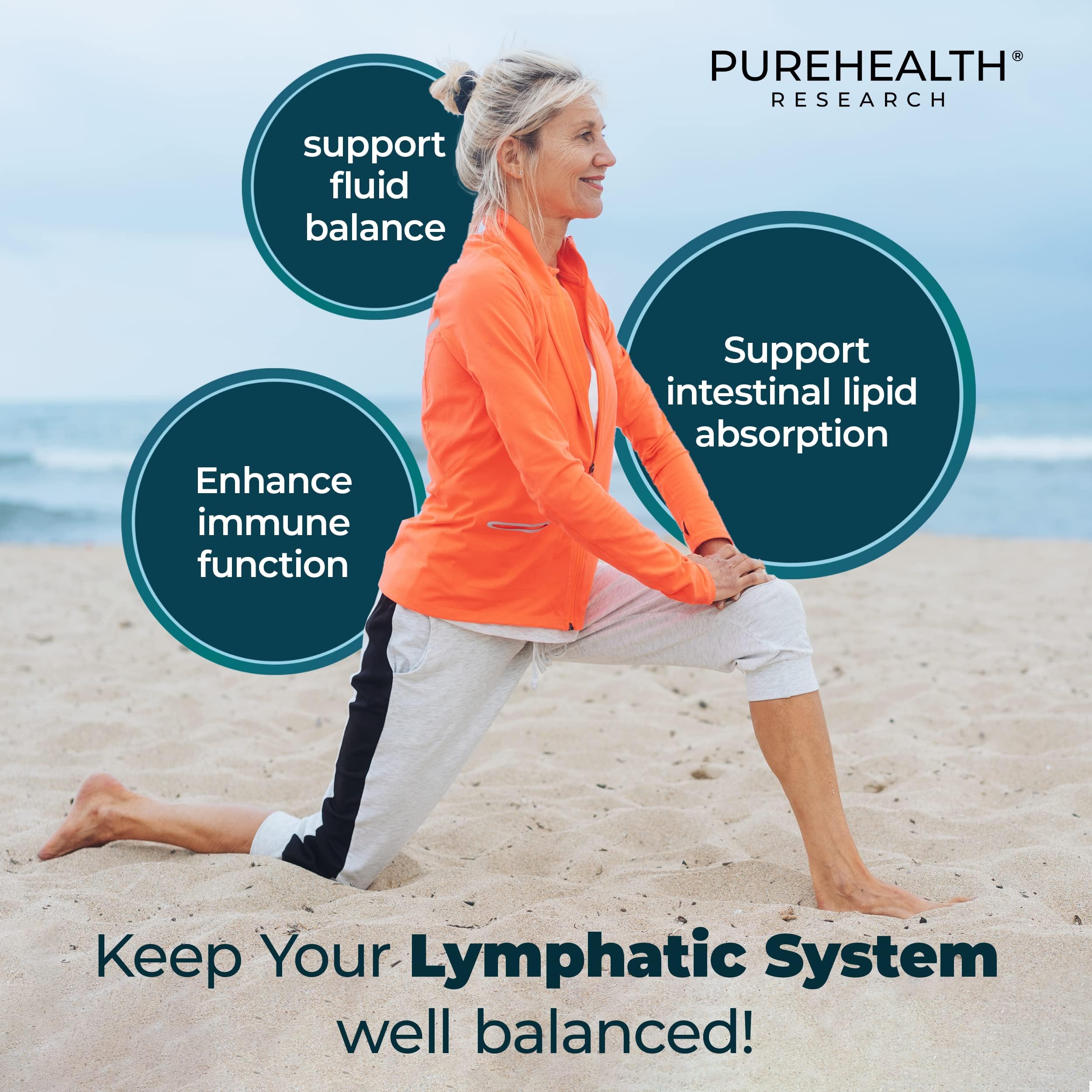 PUREHEALTH RESEARCH Lymph System Support with cleavers ingredient visible, implying gentle cleansing support.