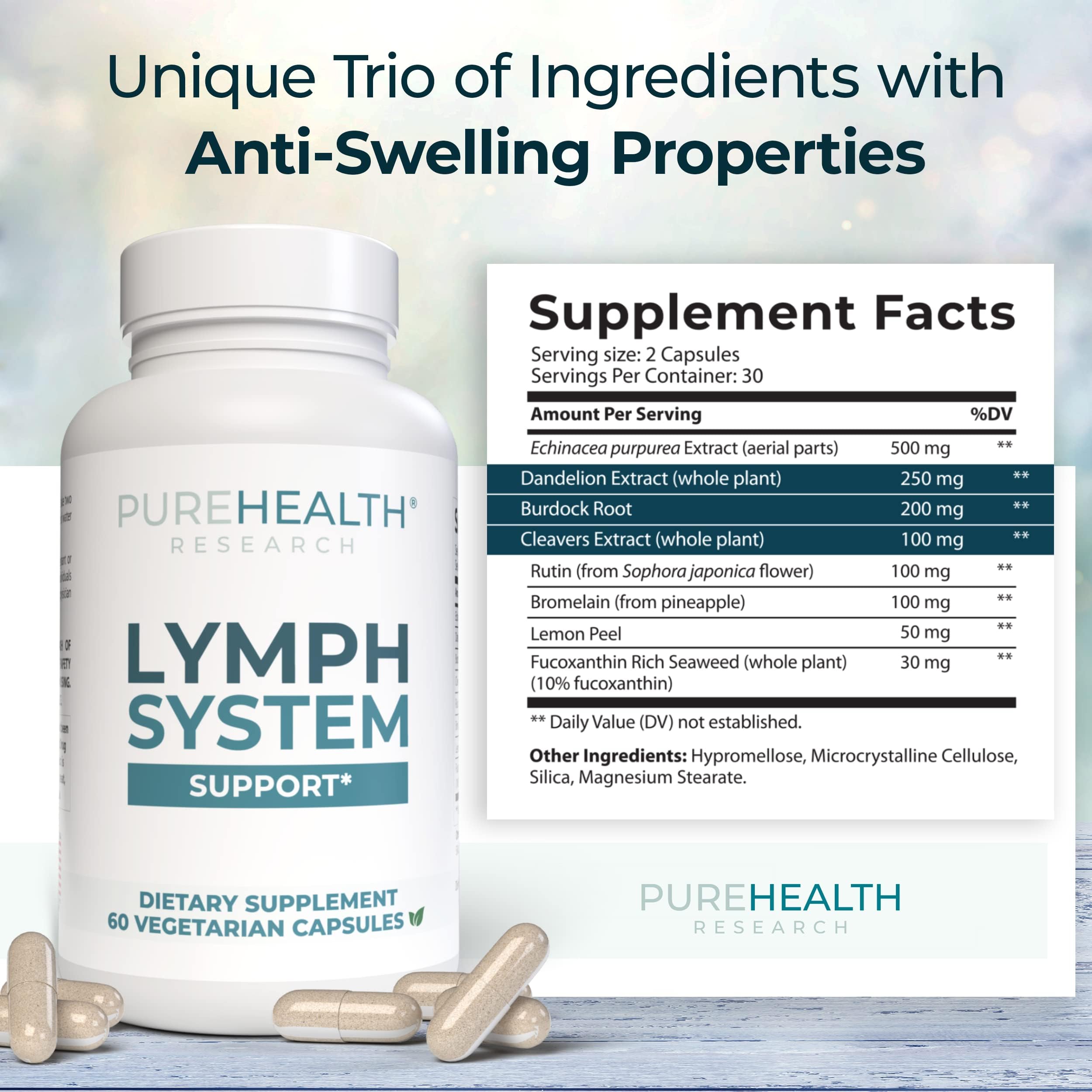 PUREHEALTH RESEARCH Lymph System Support label close-up showing natural ingredients for supportive lymph function.