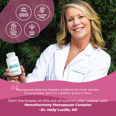 MenoHarmony bottle with glass of water illustrating simple use.