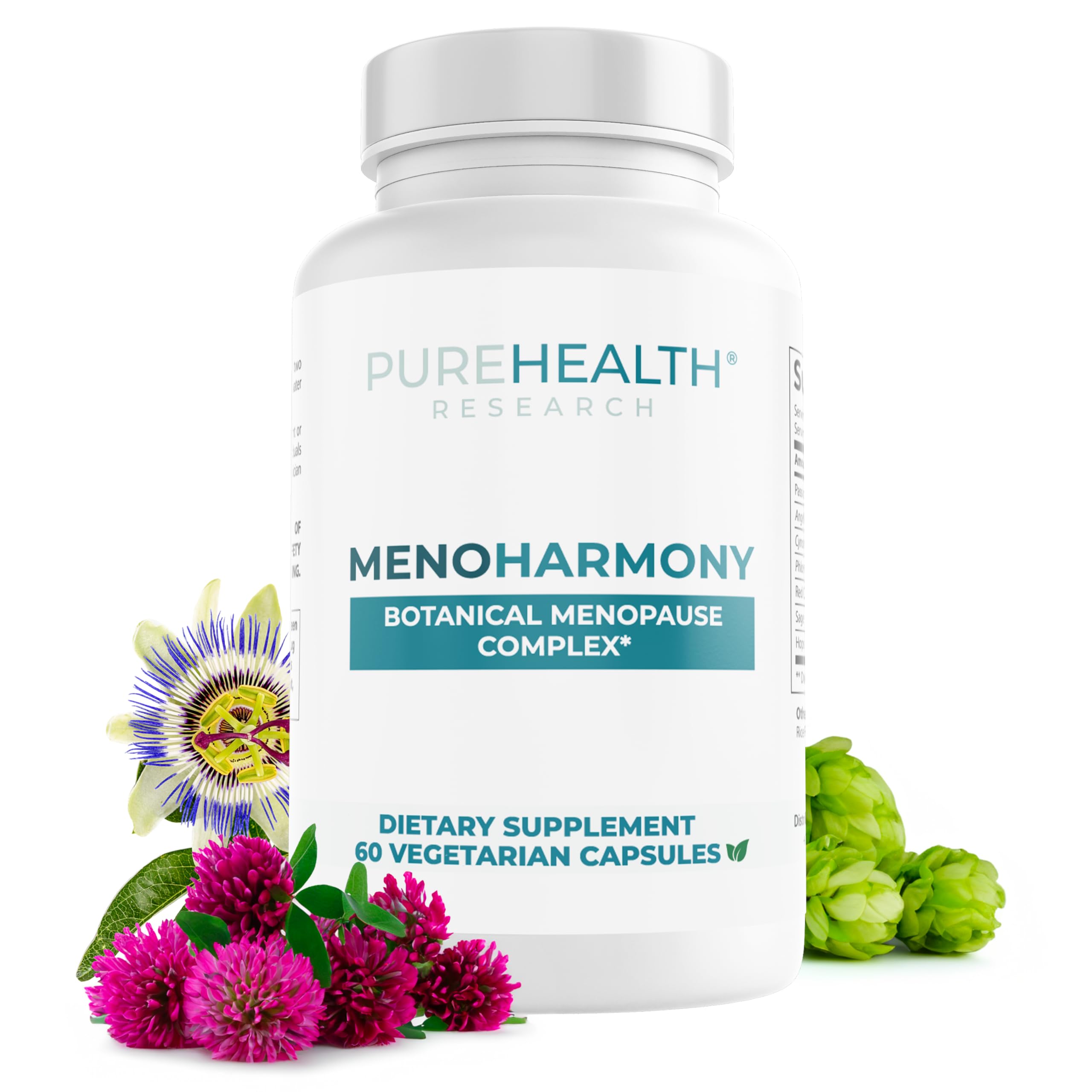 PureHealth Research MenoHarmony capsule bottle close-up for menopause support.