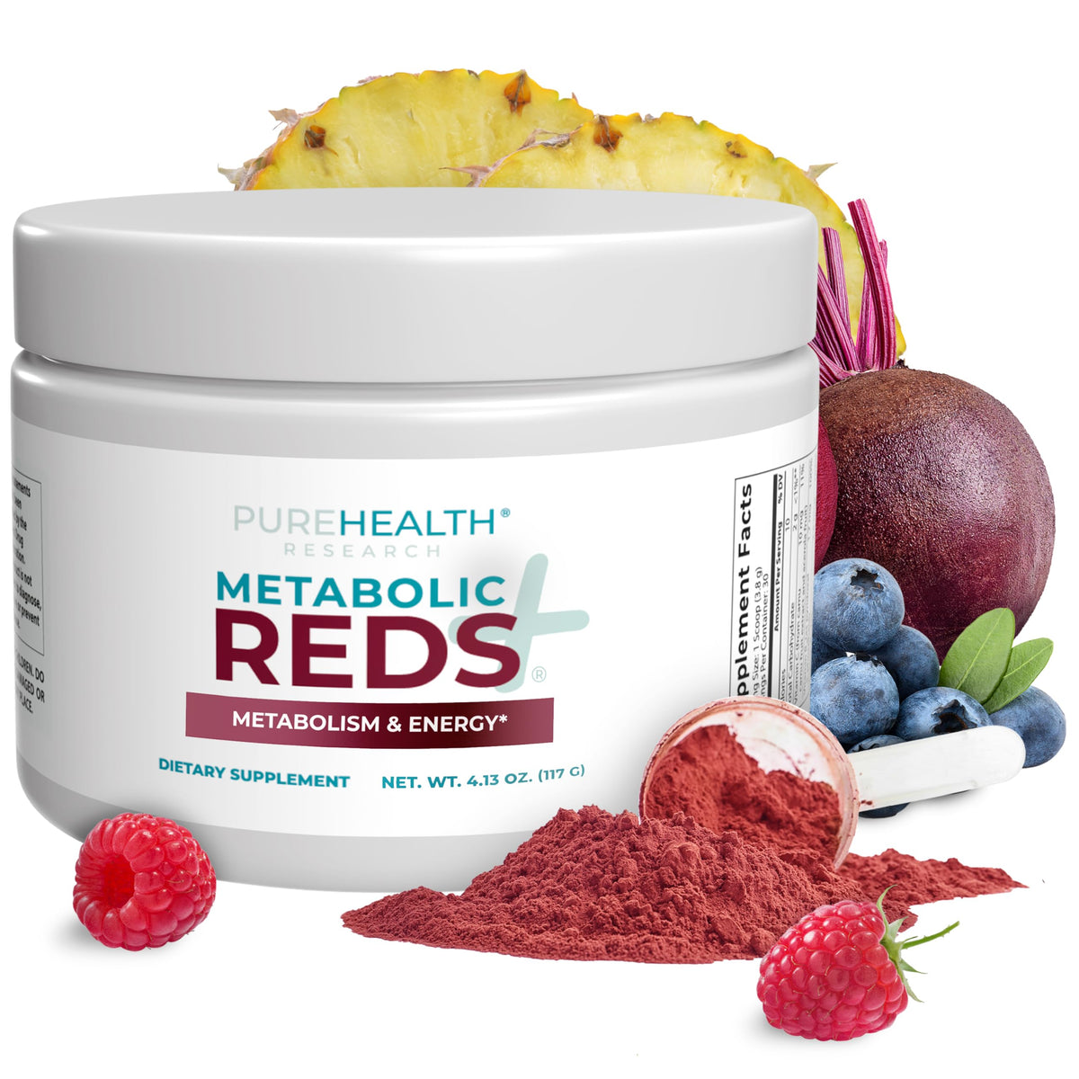 PureHealth Research Metabolic Reds bottle with label and serving scoop for daily energy.