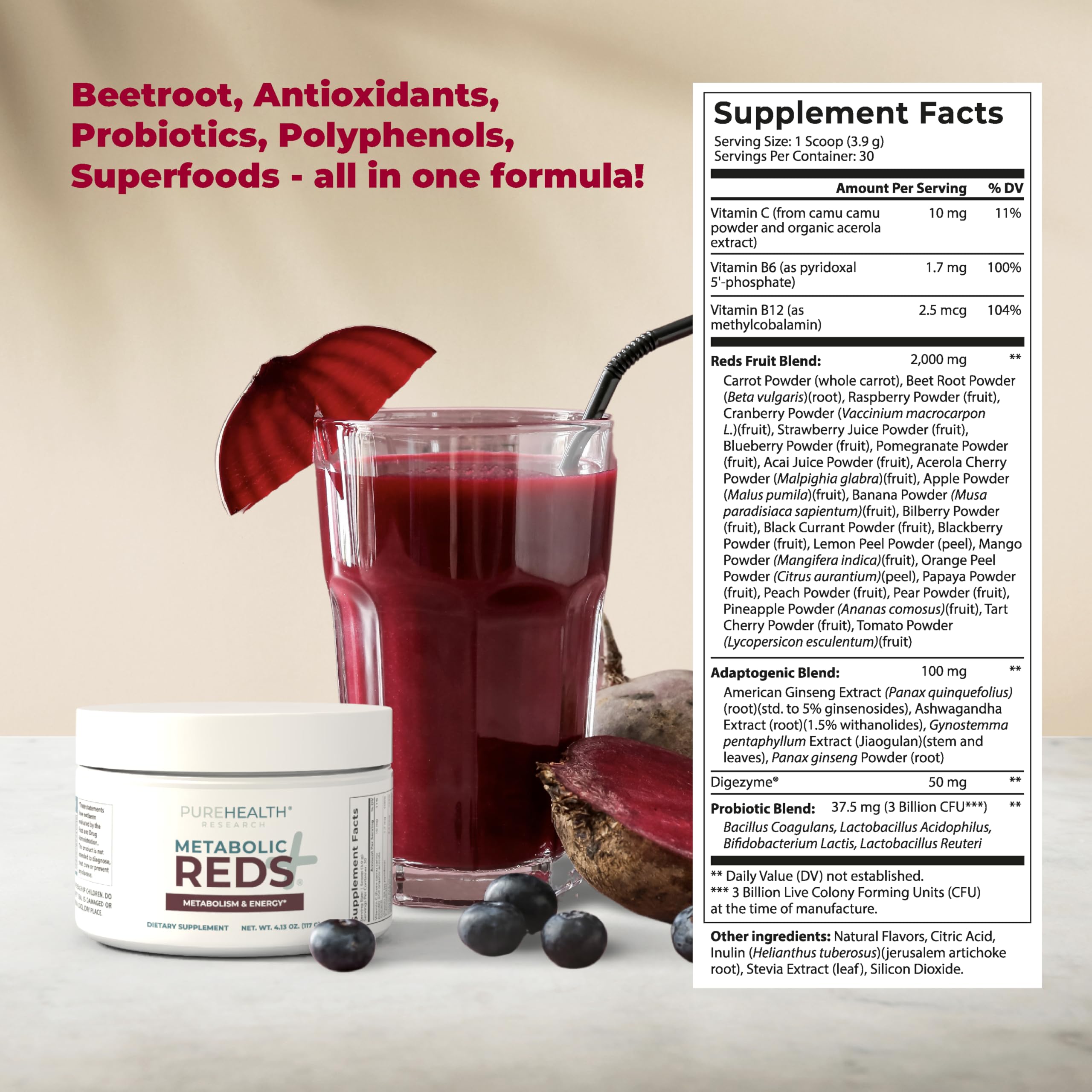 PureHealth Research Metabolic Reds ingredients list highlights probiotic blend fostering gut-friendly support.