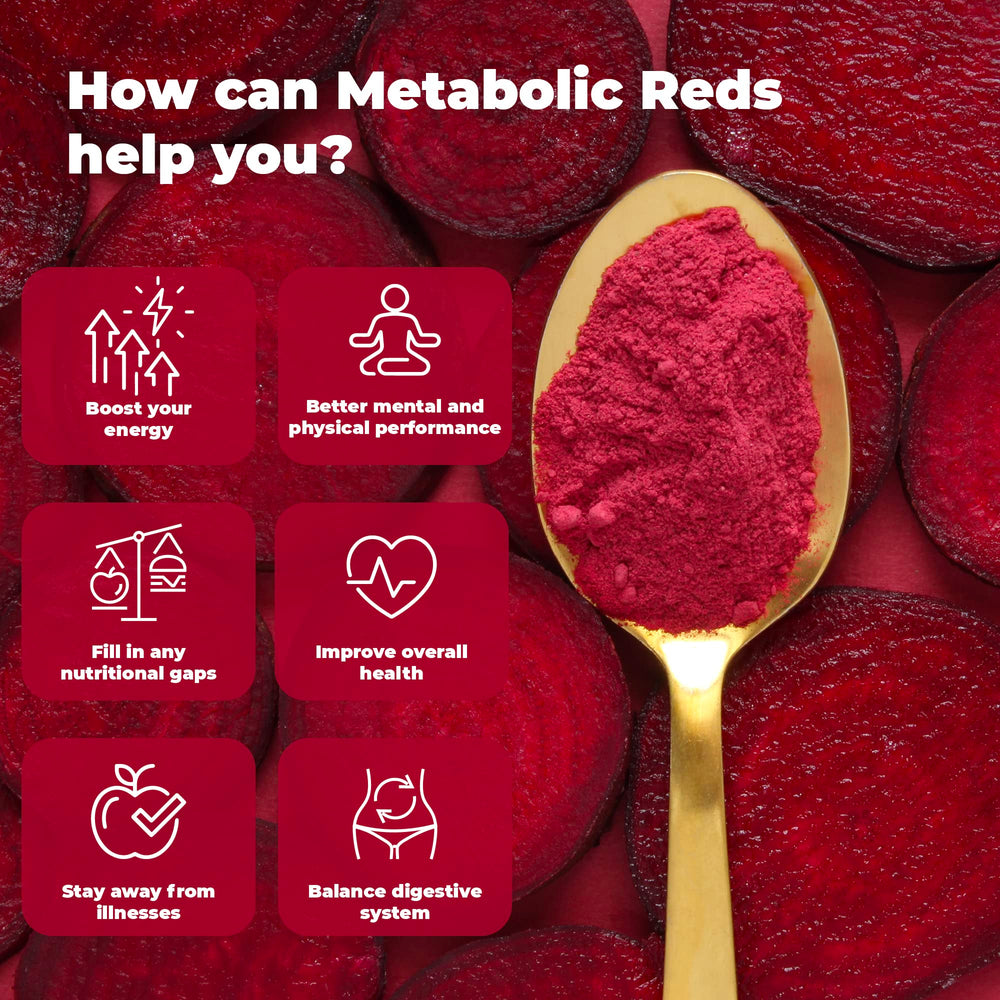 PureHealth Research Metabolic Reds red fruits blend close-up highlighting antioxidant-rich ingredients.