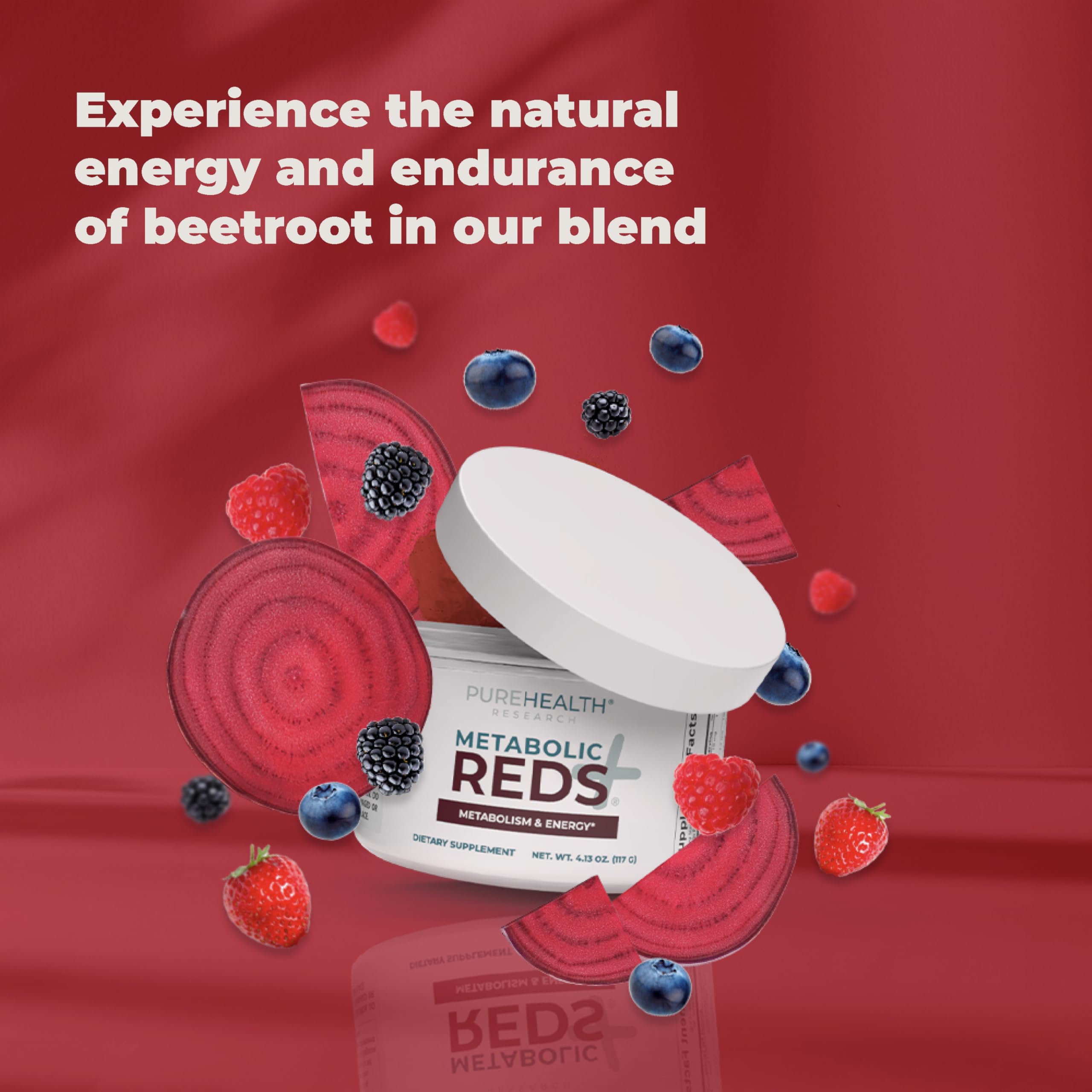 PureHealth Research Metabolic Reds berry powder swirl showing berry-rich flavor.