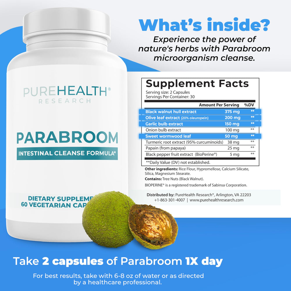 Parabroom capsules package highlights natural gut health ingredients.