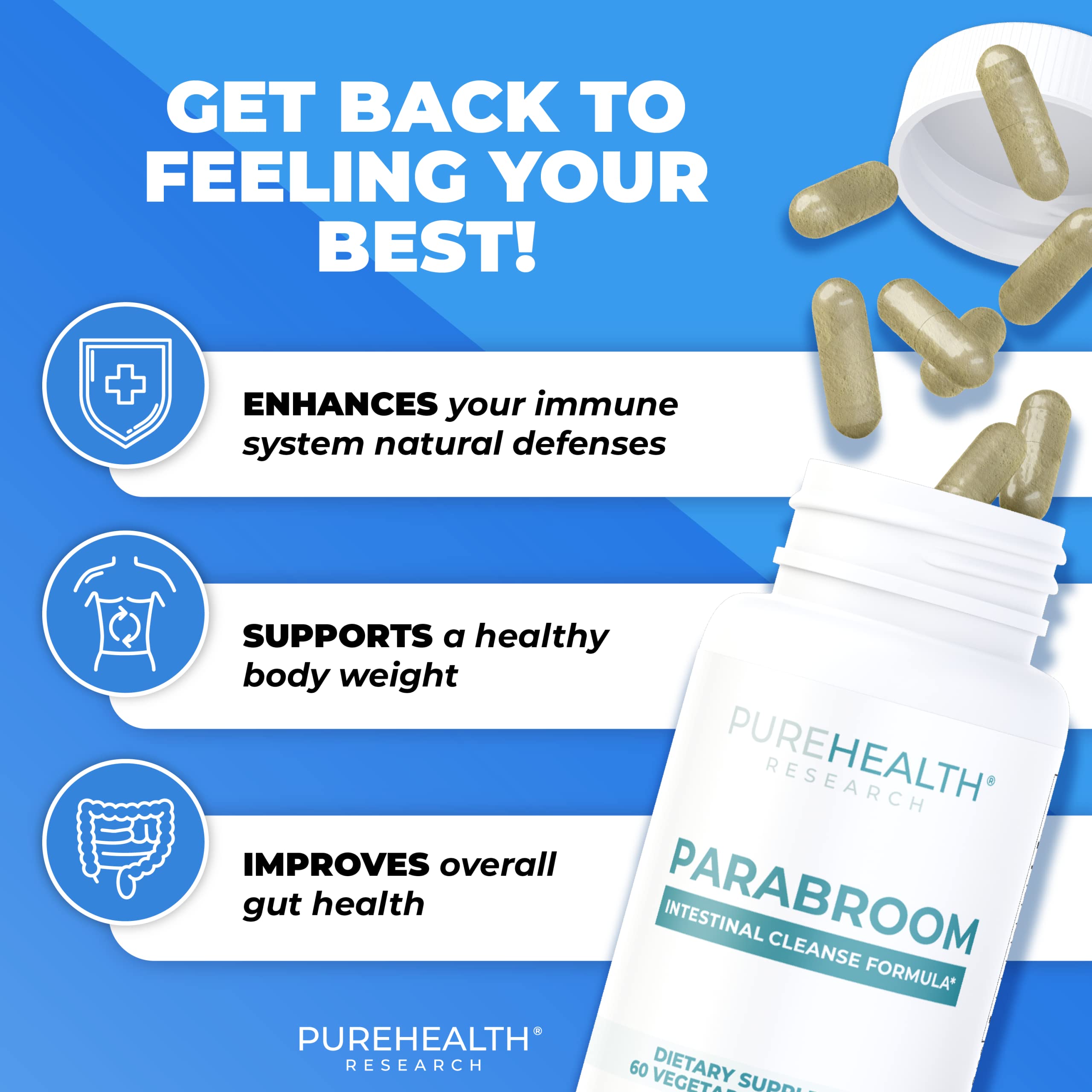 Parabroom capsules pouring from bottle for easy daily use.