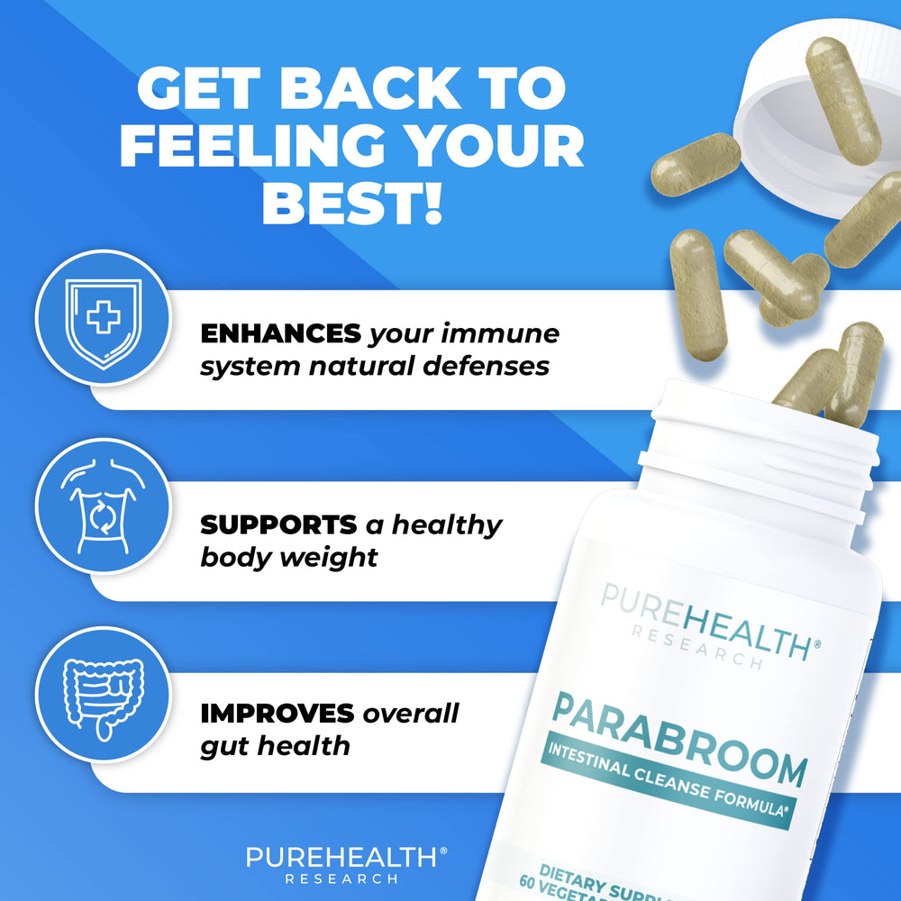 Parabroom capsules pouring from bottle for easy daily use.