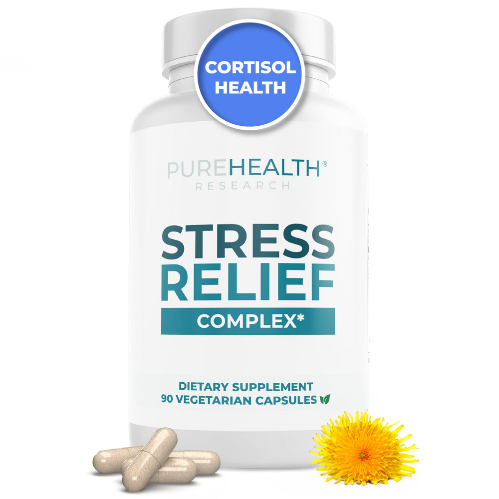 PUREHEALTH RESEARCH Stress Release Complex bottle front for daily mood support.