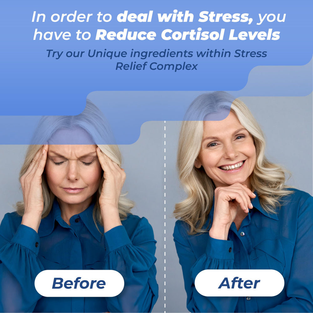 PUREHEALTH RESEARCH Stress Release Complex capsules pouring for daily wellness.