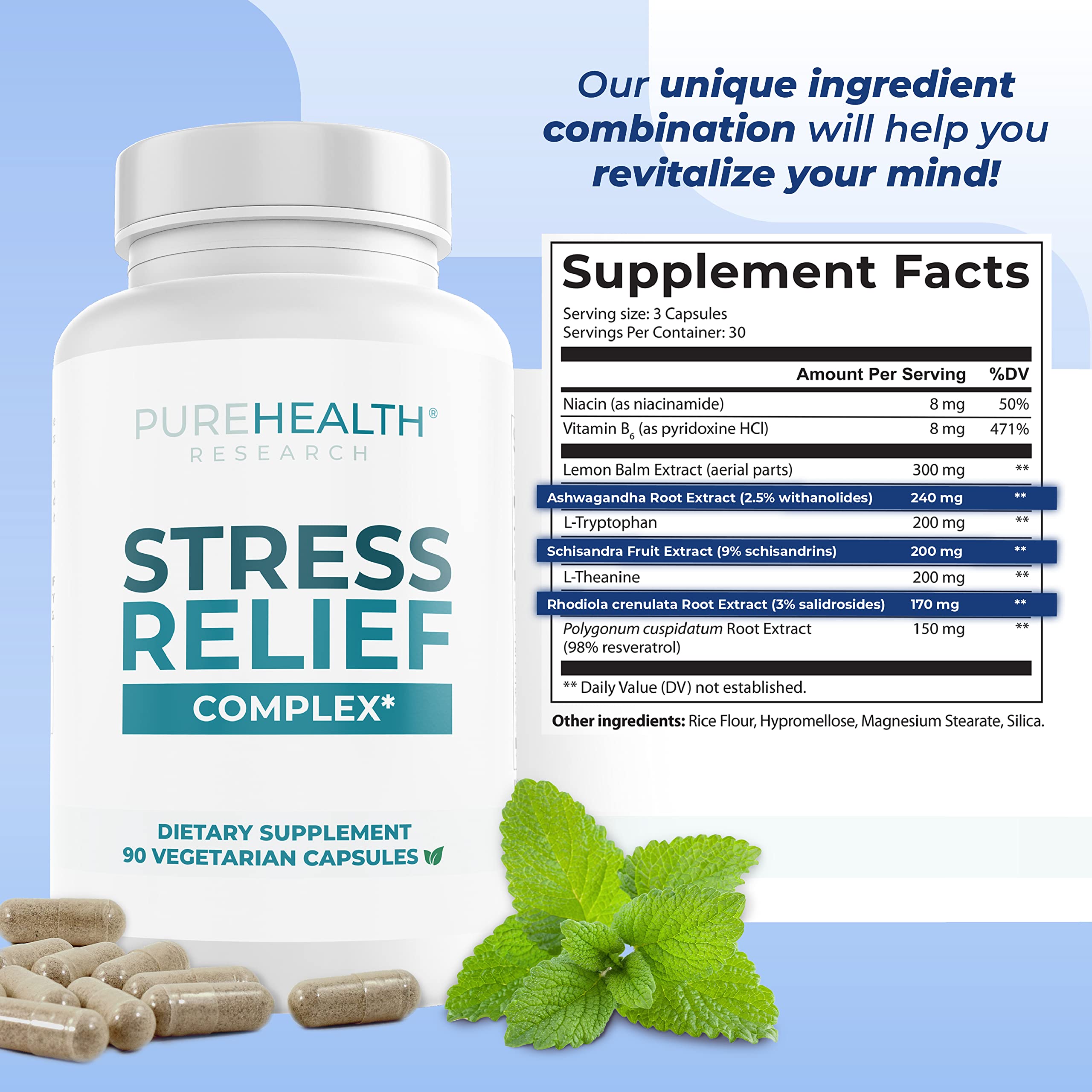 PUREHEALTH RESEARCH Stress Release Complex label close-up focusing on L-Theanine and Ashwagandha.