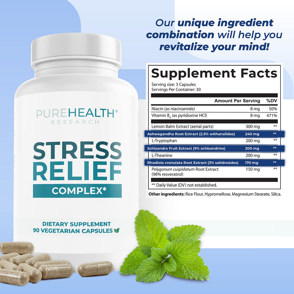 PUREHEALTH RESEARCH Stress Release Complex label close-up focusing on L-Theanine and Ashwagandha.