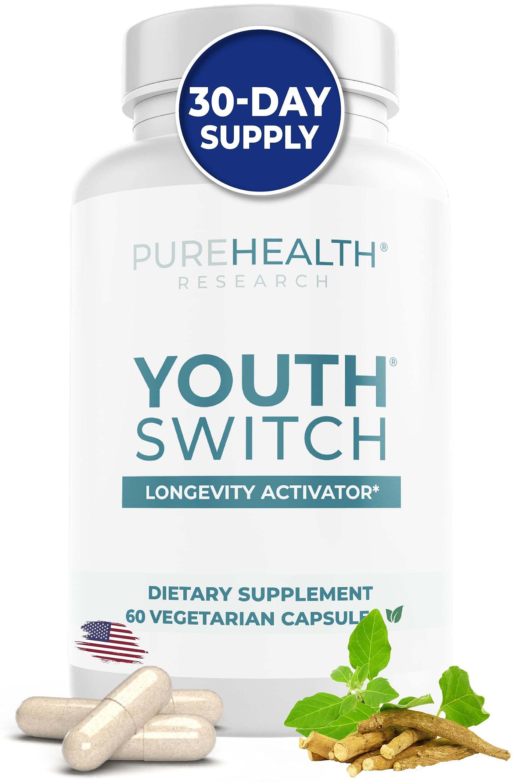 PUREHEALTH RESEARCH Youth Switch bottle front signals potential longevity support