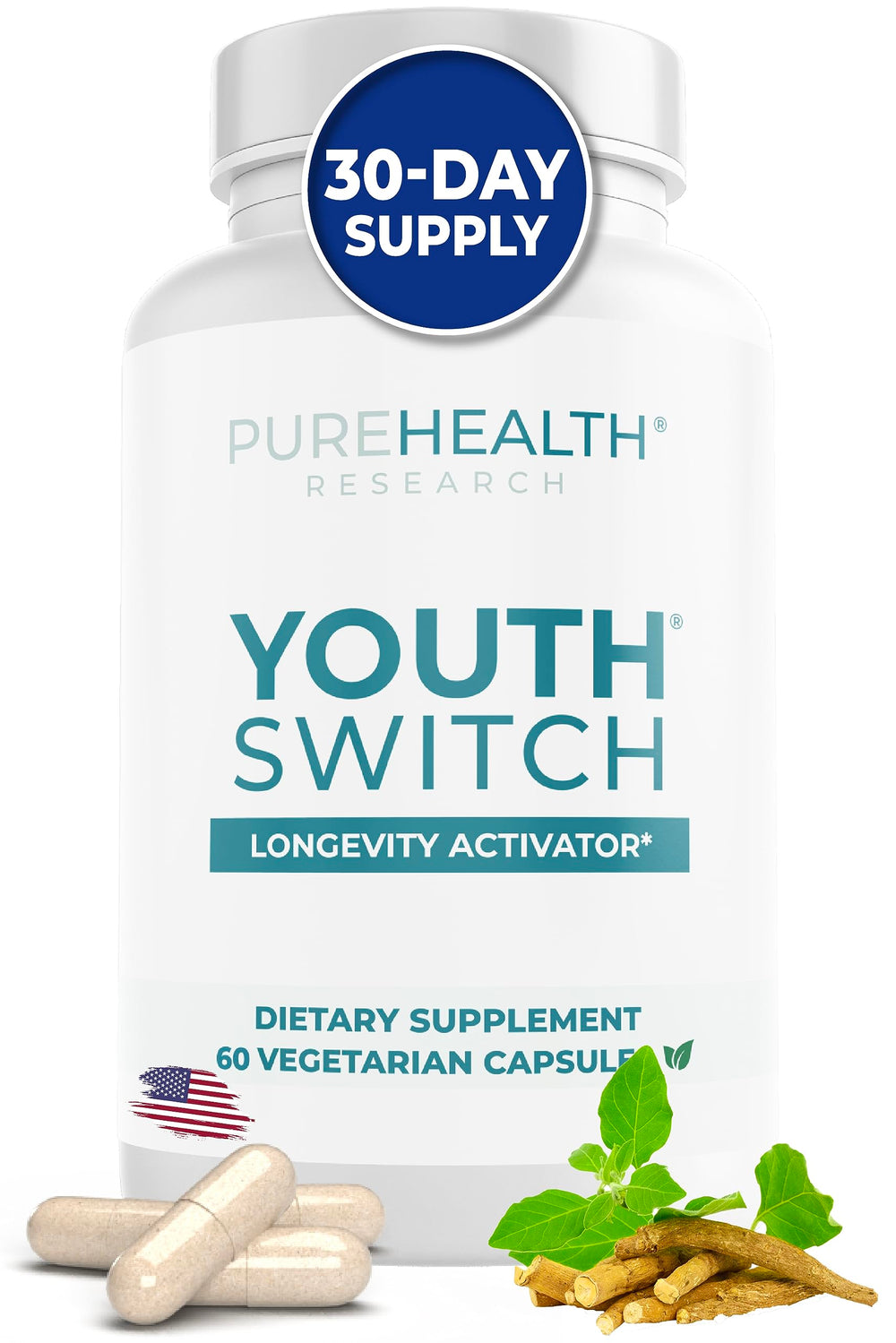 PUREHEALTH RESEARCH Youth Switch bottle front signals potential longevity support