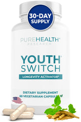 PUREHEALTH RESEARCH Youth Switch bottle front signals potential longevity support