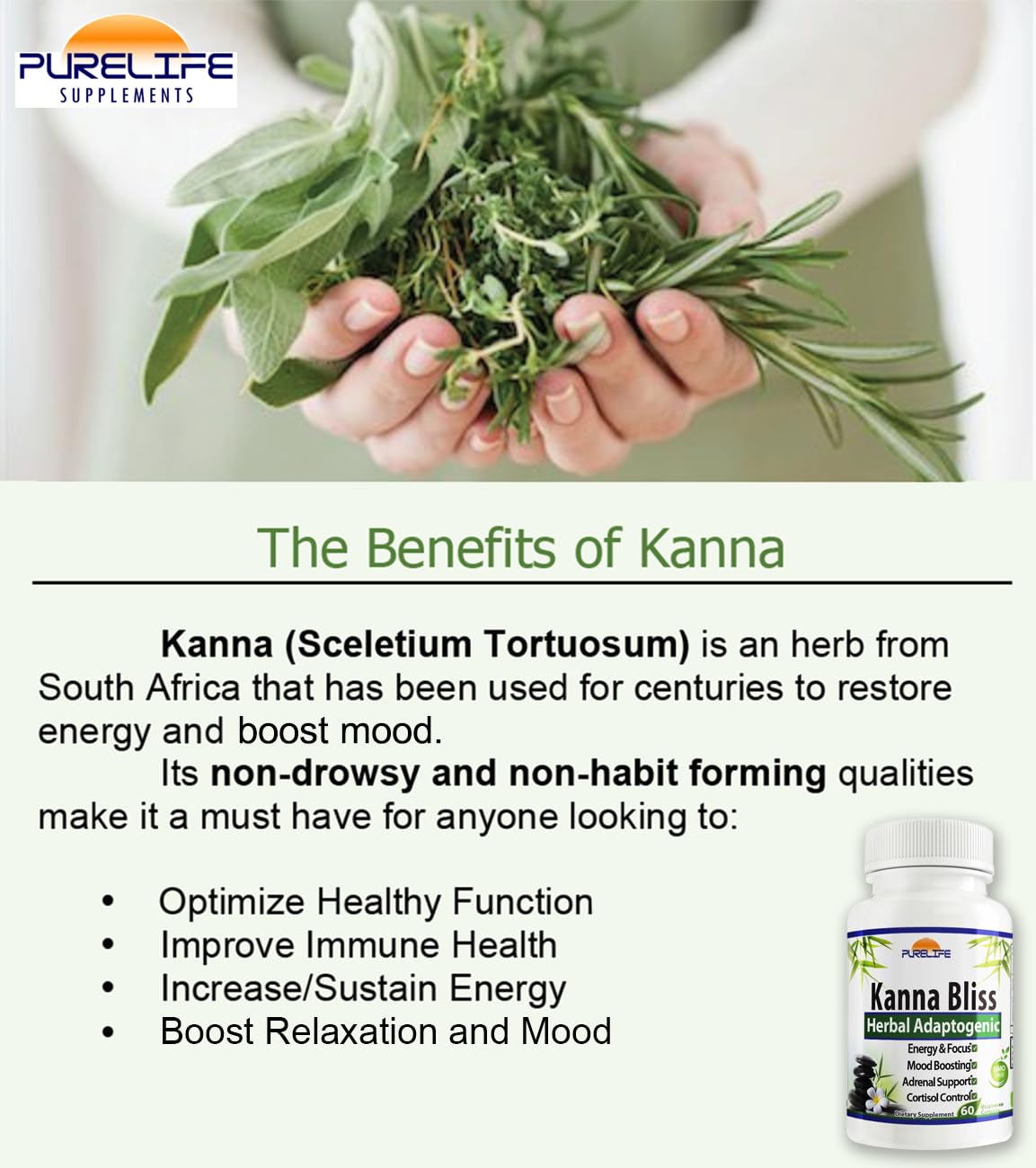 PureLife Kanna Bliss all-natural ingredients emphasizing clean, plant-based support.