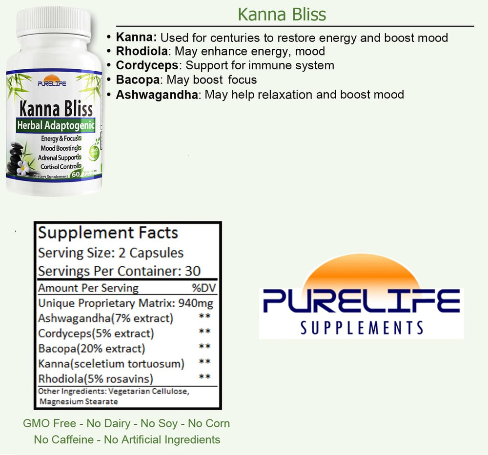 PureLife Kanna Bliss herbal blend highlights time-tested adaptogens for balance.