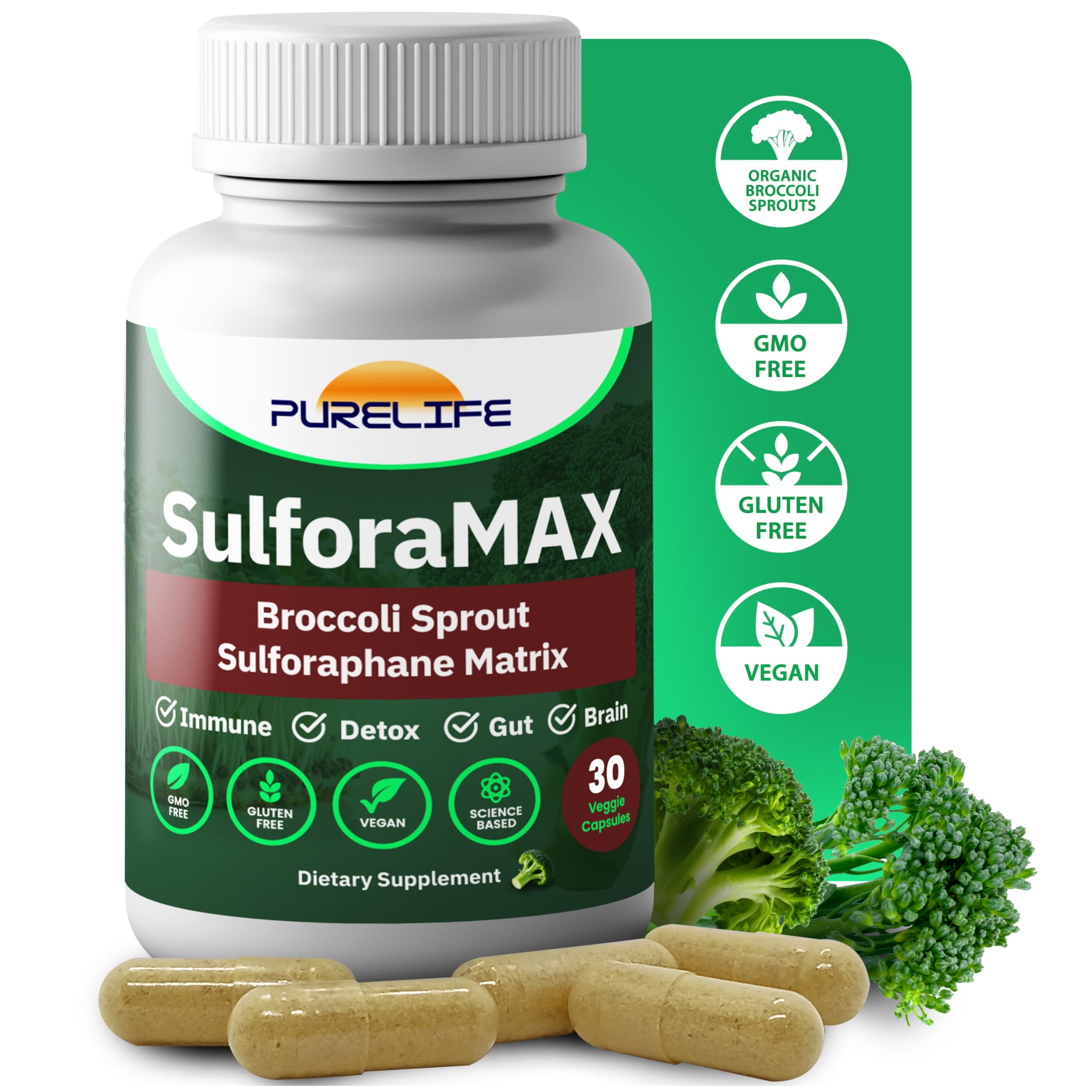 PureLife SulforaMAX bottle front view highlighting immune and brain support.