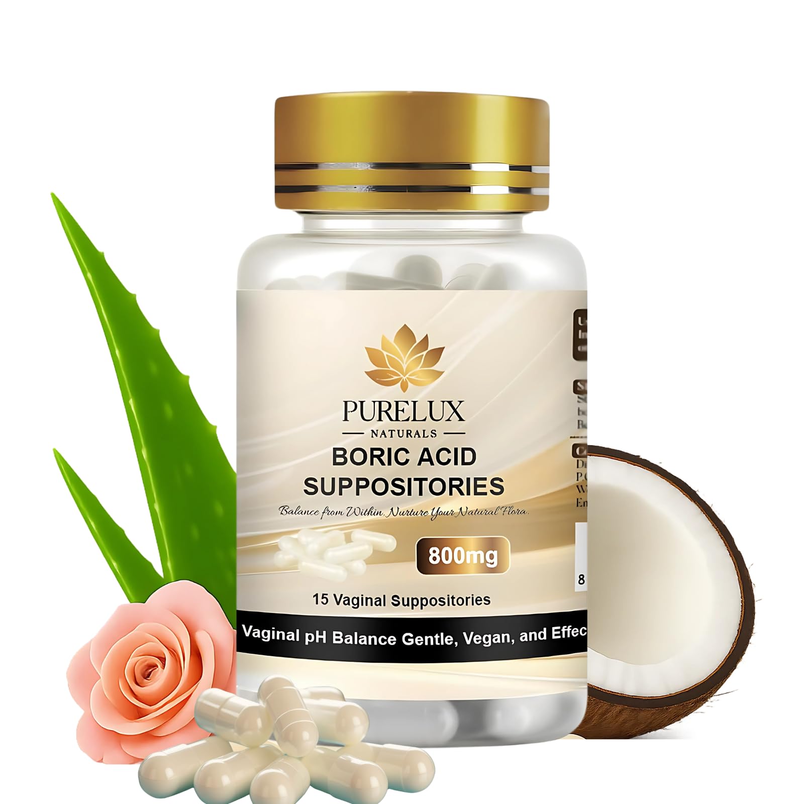 PureLux Boric Acid Capsules bottle showing 800mg strength for daily balance.