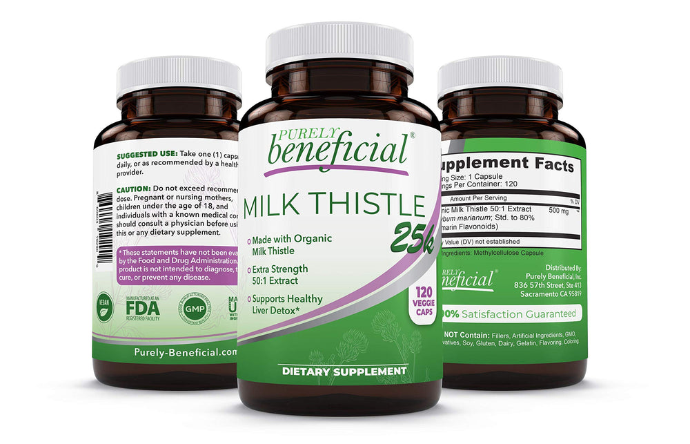PURELY beneficial Milk Thistle Capsules bottle front shows premium liver-support in vegan formula.