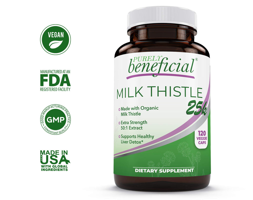 PURELY beneficial Milk Thistle Capsules bottle side highlights 50:1 extract potency for liver support.