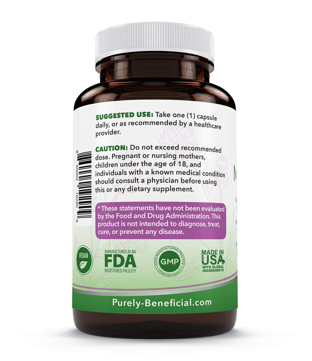 Packaging box of PURELY beneficial Milk Thistle Capsules communicates 120 vegan capsules.