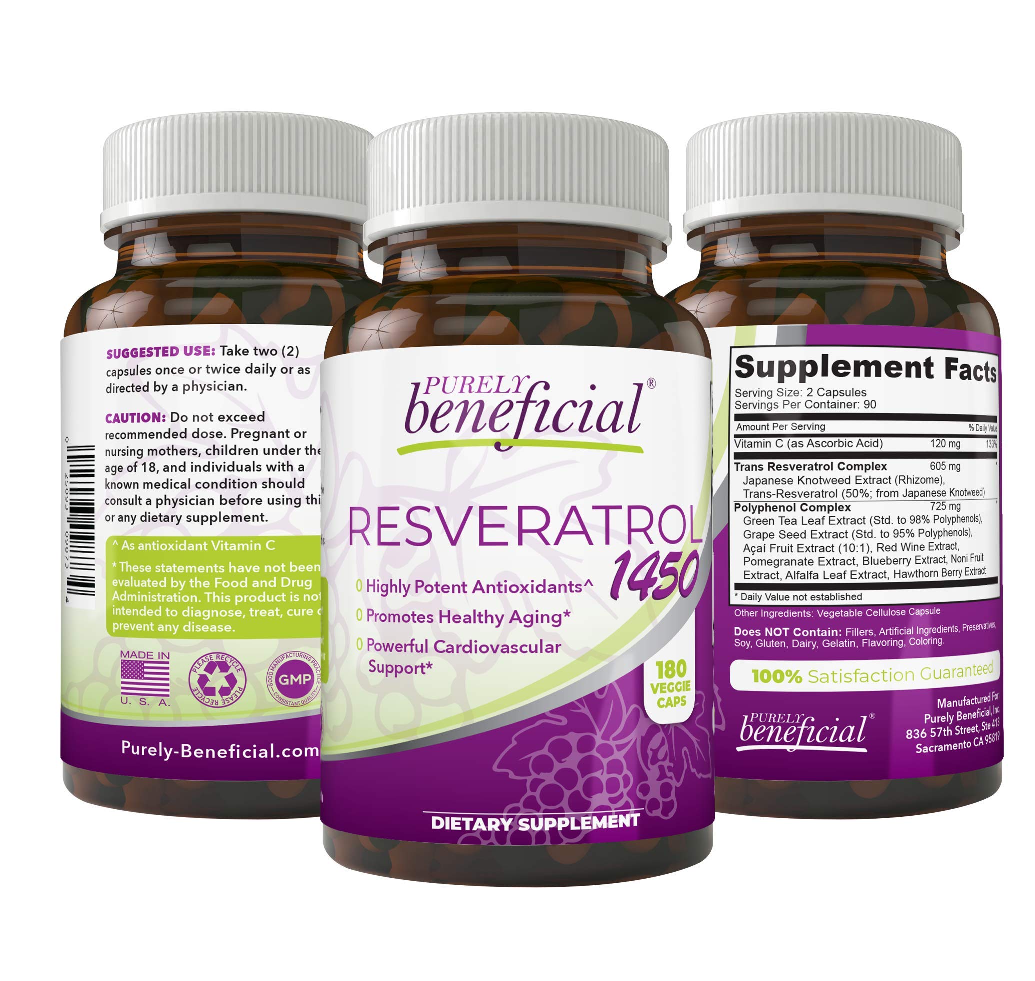 PURELY beneficial RESVERATROL1450 bottle label highlights purity and premium antioxidant blend for daily use.