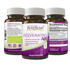 PURELY beneficial RESVERATROL1450 bottle label highlights purity and premium antioxidant blend for daily use.