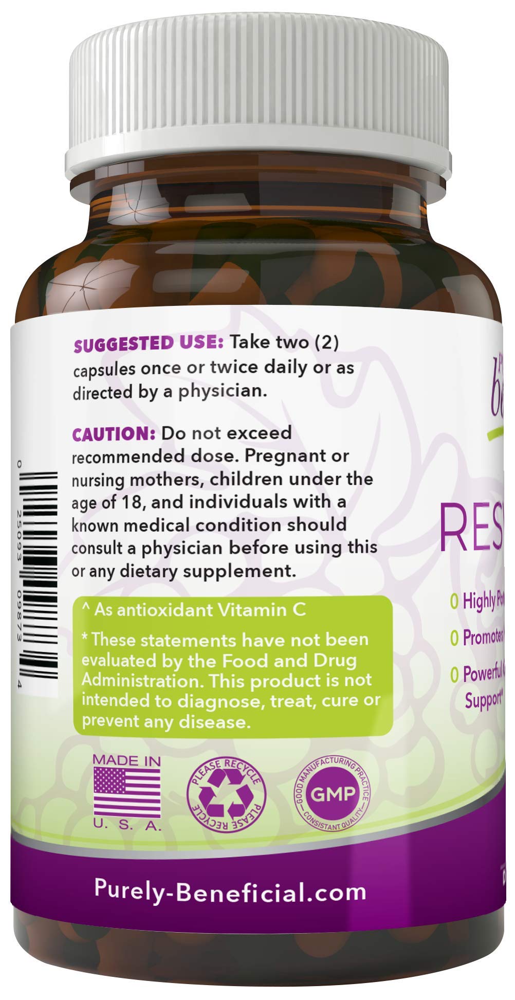 PURELY beneficial RESVERATROL1450 ingredients panel highlights natural components and no fillers.