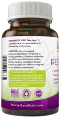 PURELY beneficial RESVERATROL1450 ingredients panel highlights natural components and no fillers.