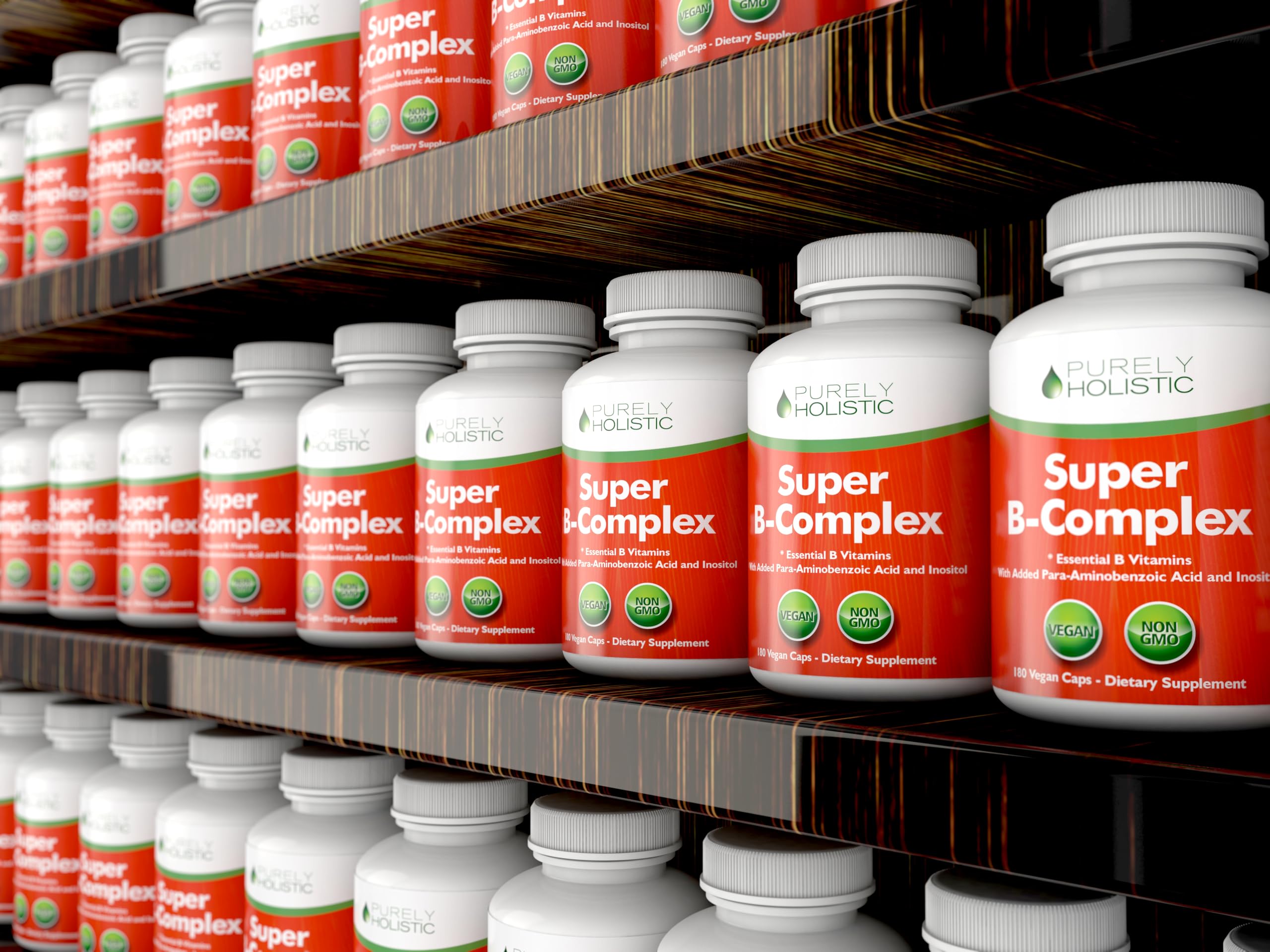 Purely Holistic Vitamin B Complex box with 6 month supply emphasizing value.