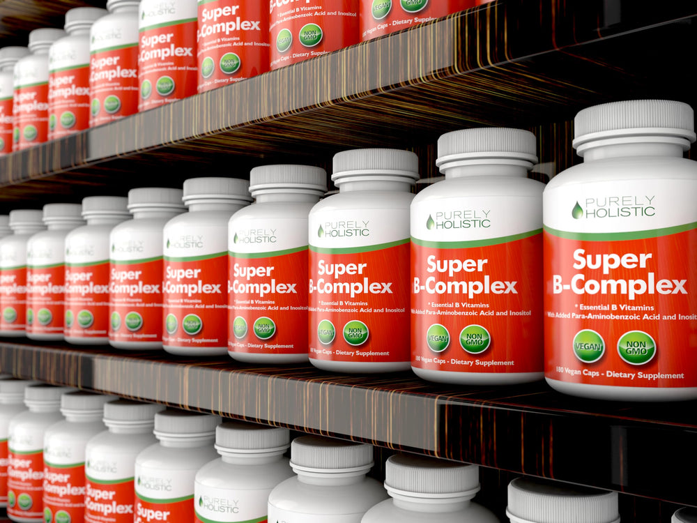 Purely Holistic Vitamin B Complex box with 6 month supply emphasizing value.