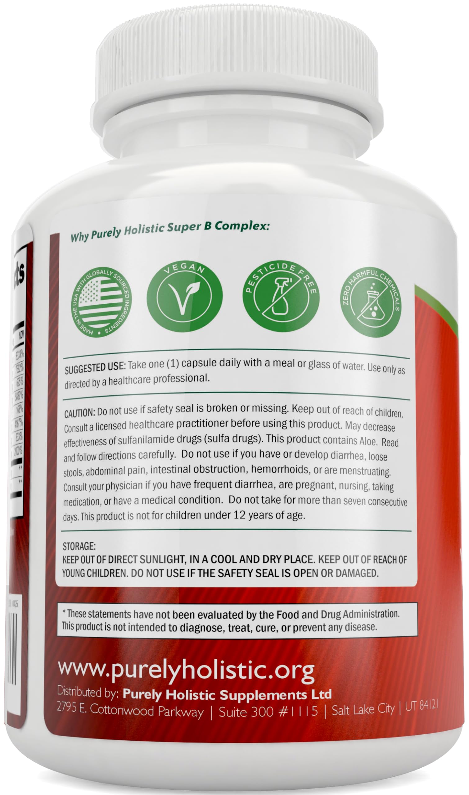 Purely Holistic Vitamin B Complex bottle highlight choline and inositol inclusion for cognitive support.