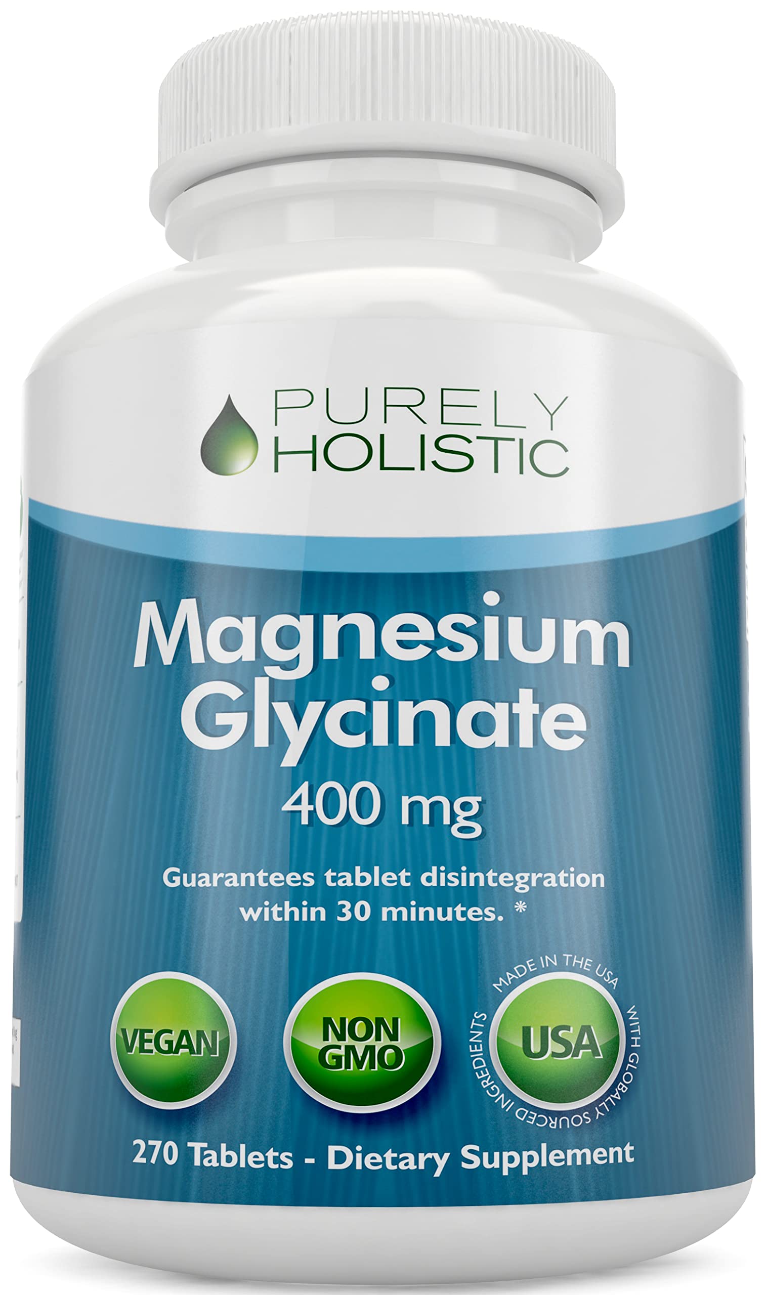 Purely Holistic Magnesium Glycinate 400mg bottle front with 270 tablets for daily support.