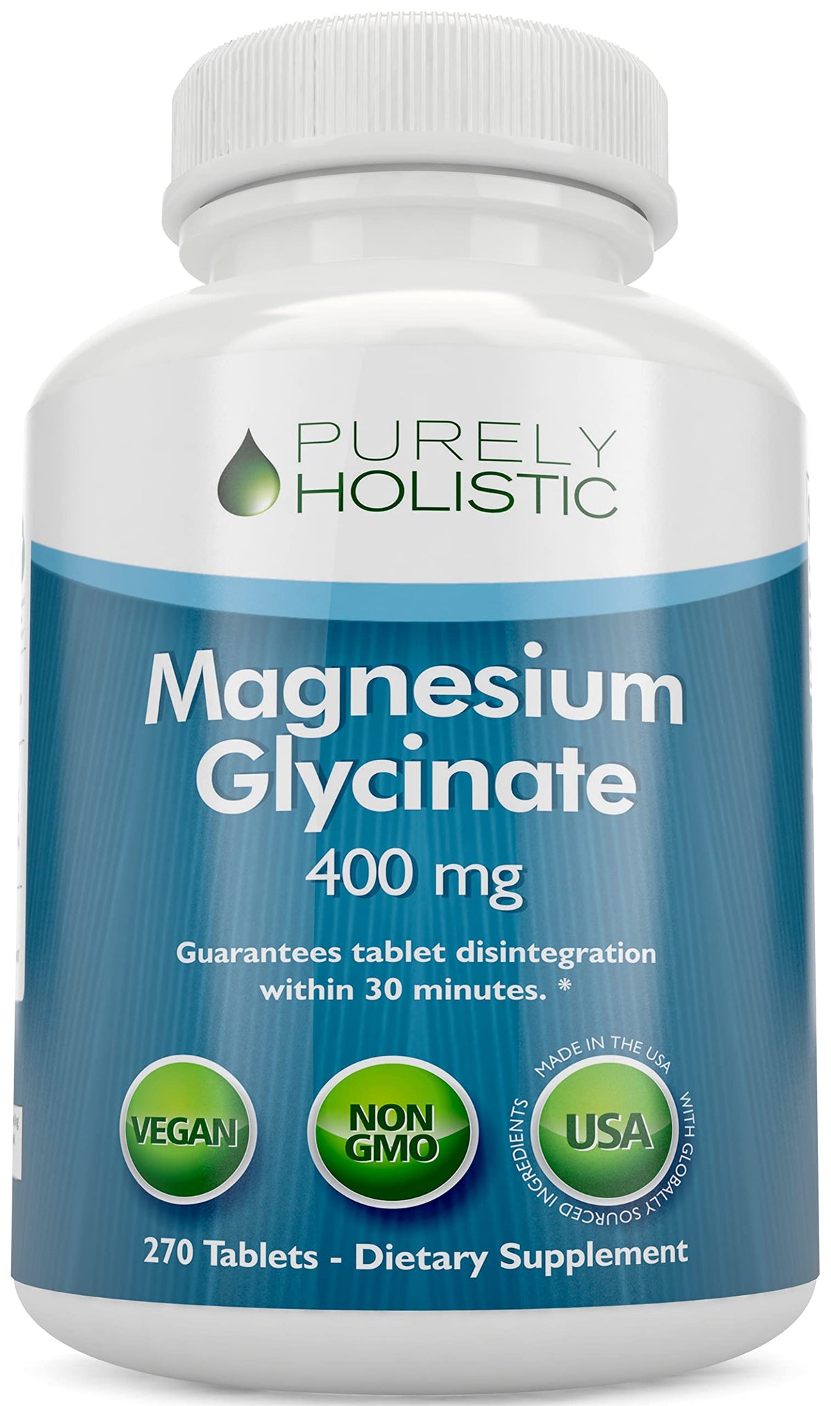 Purely Holistic Magnesium Glycinate 400mg bottle front with 270 tablets for daily support.