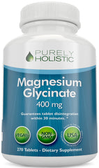Purely Holistic Magnesium Glycinate 400mg bottle front with 270 tablets for daily support.