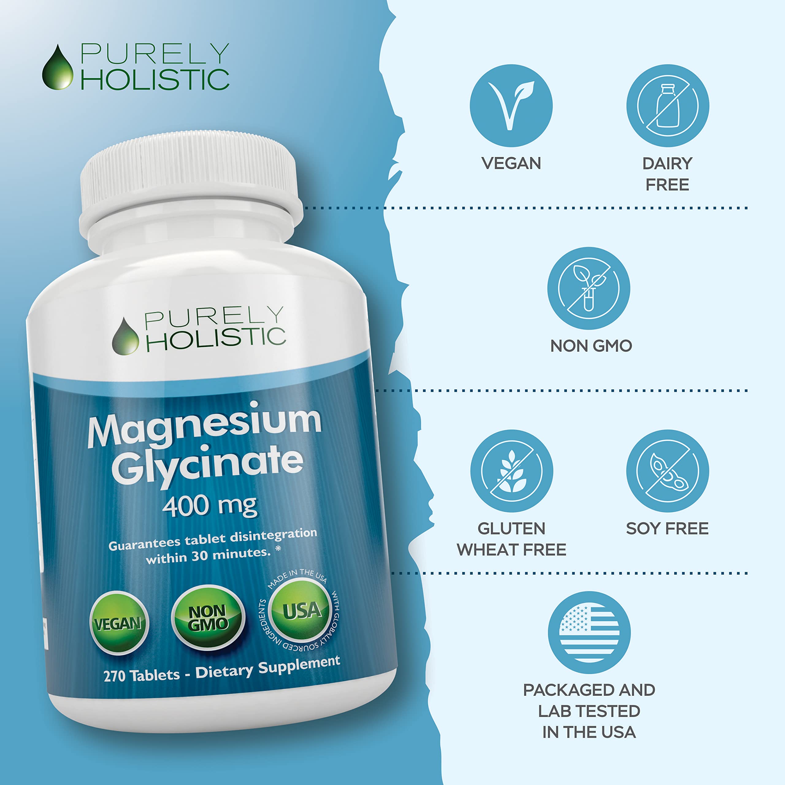 Purely Holistic magnesium glycinate tablet demonstrates high absorption potential.