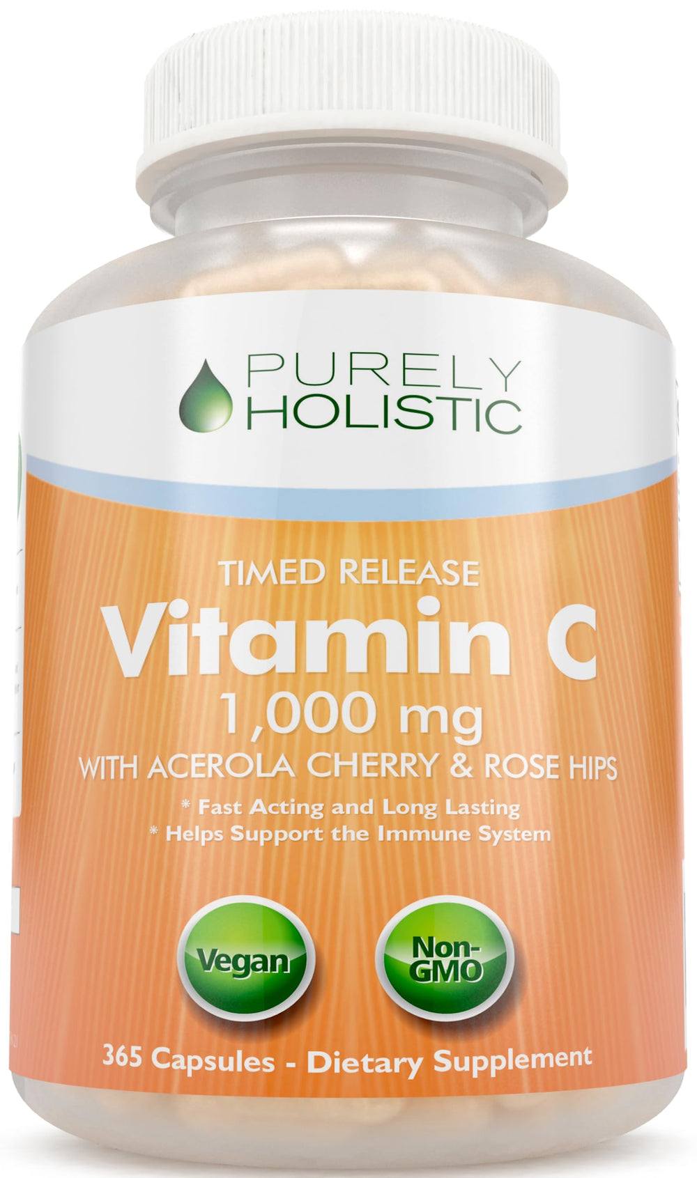 Purely Holistic Vitamin C 1000mg bottle with 365 capsules for a year-long supply.