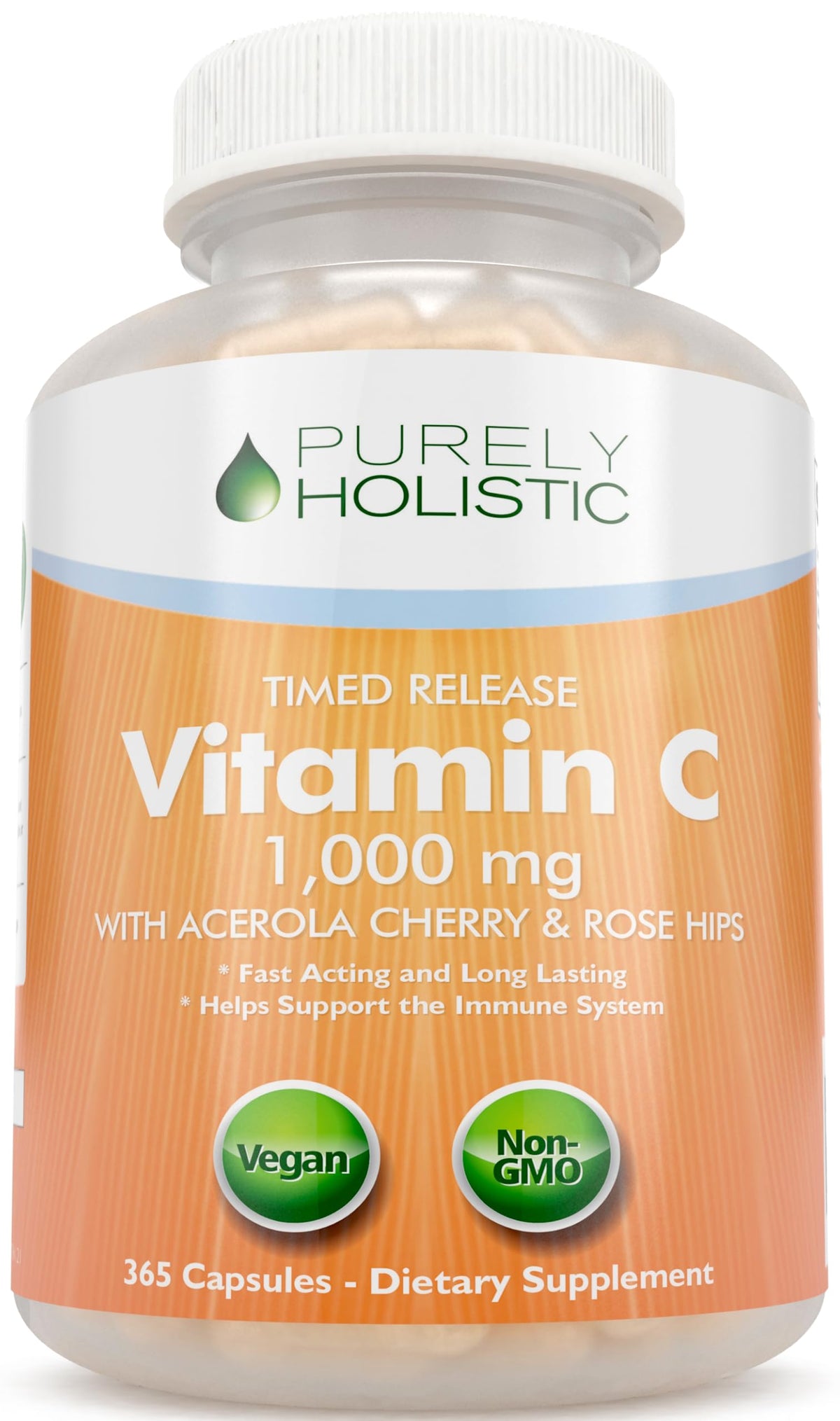Purely Holistic Vitamin C 1000mg bottle with 365 capsules for a year-long supply.